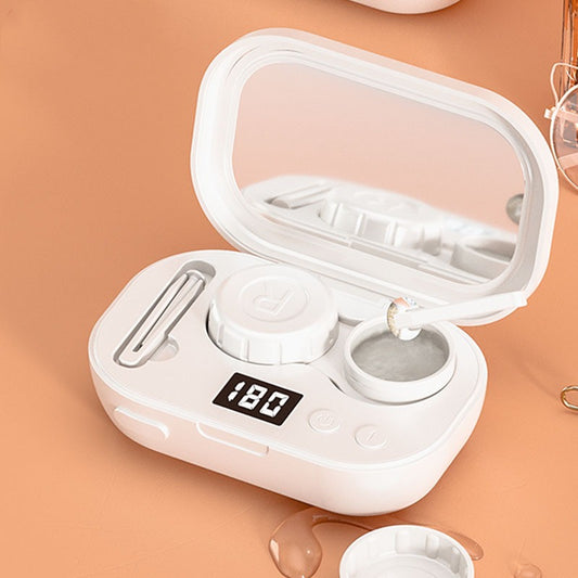 Ultrasonic contact lens cleaner from NOVAELITE.COM showing a compact device with a transparent lid and cleaning basket inside.