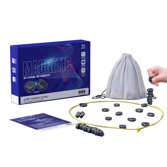 Magnetic chess board game with black and white pieces, compact design, ideal for portable and strategic play.