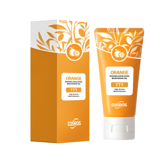 Orange exfoliating whitening gel for skin care in a clear tube with a white cap, showing bright orange gel inside.