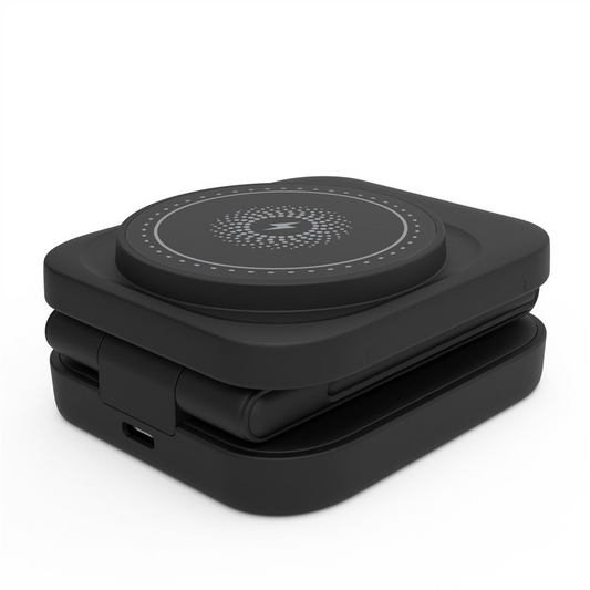 Foldable wireless charger by NovaElite.com, showing the sleek, compact design with charging pads for multiple devices.